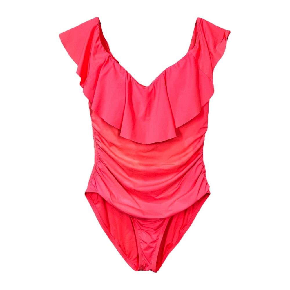 La Blanca Island Goddess Off Shoulder Ruffle One Piece Swimsuit 14 Hot Coral - Picture 3 of 9